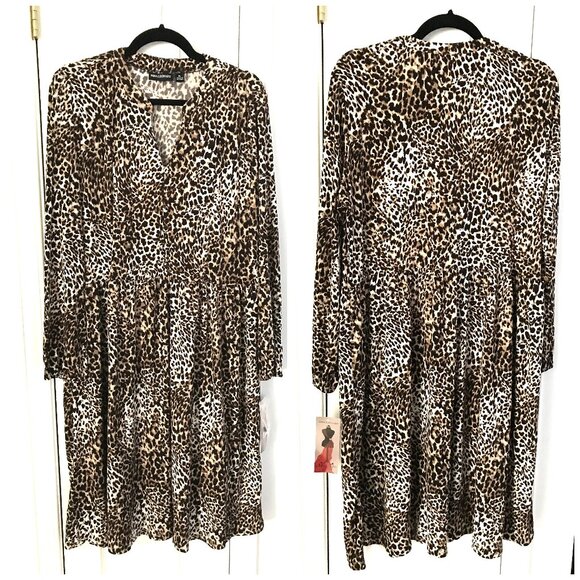 NWT Nina Leonard Leopard Print Swing Dress Long Sleeve V Neck Size XL - Picture 1 of 8